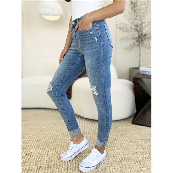 🔥 NWT Judy Blue Mid Rise Destroy & Cuff Skinny Jeans, Regular + Plus Sizes - Picture 2 of 9